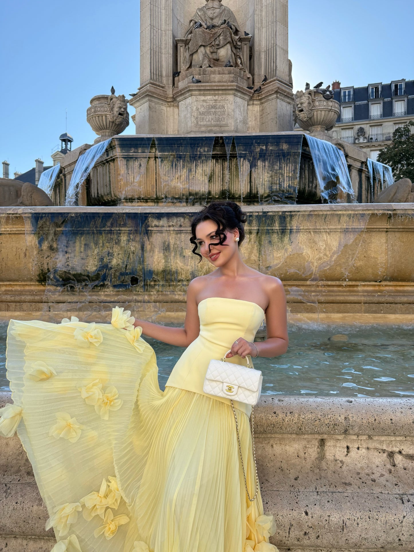 Strapless Pleated Evening Gown with 3D Florals