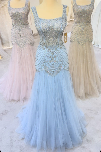 Beaded Drop-Waist Tulle Evening Gown