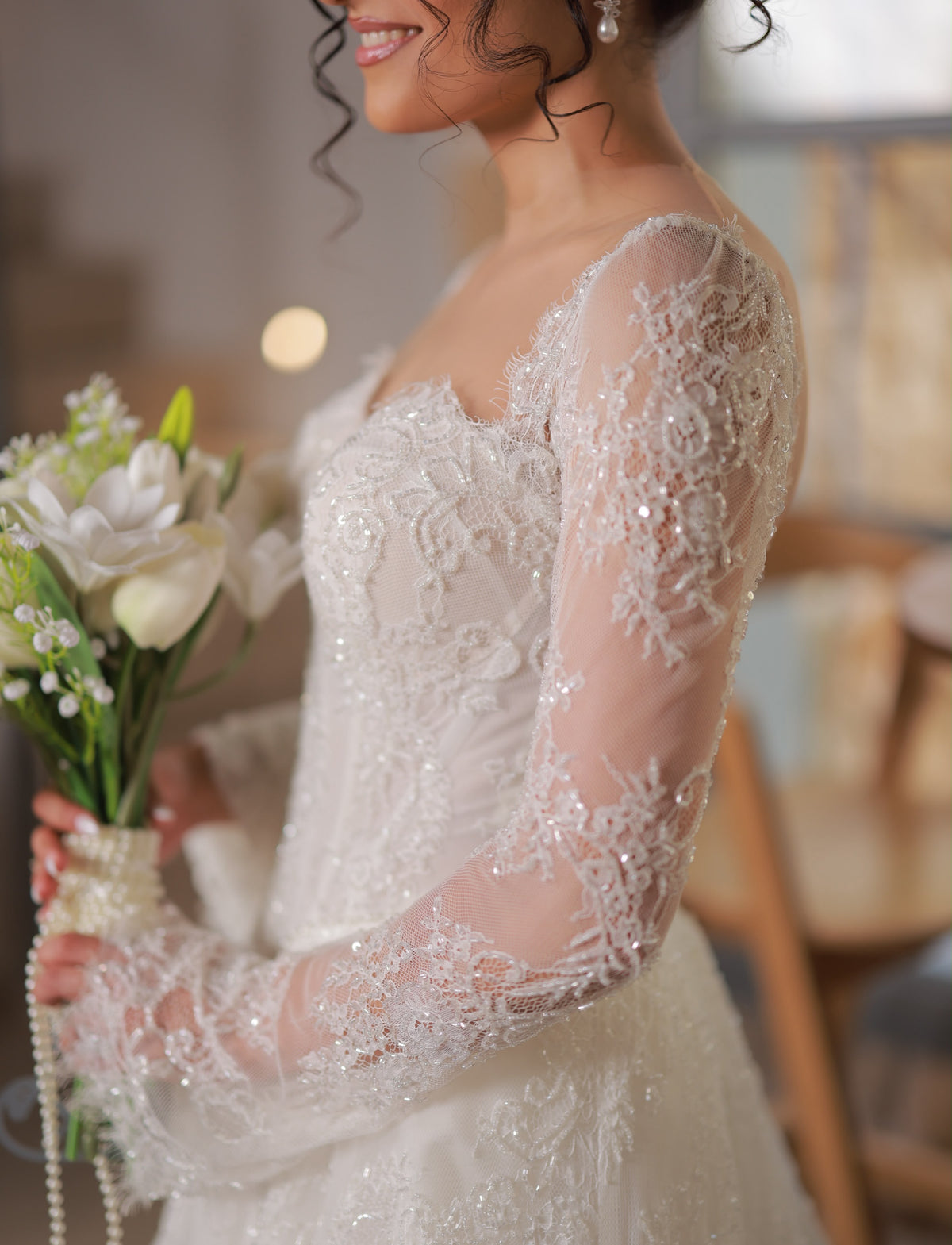 Glitter Lace Long Sleeve Corset Wedding Dress