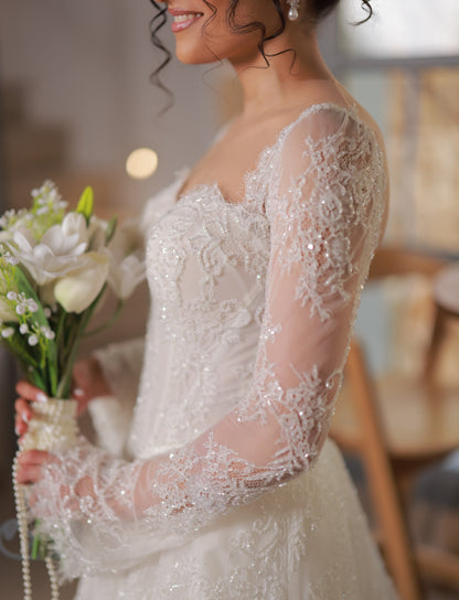 Glitter Lace Long Sleeve Corset Wedding Dress