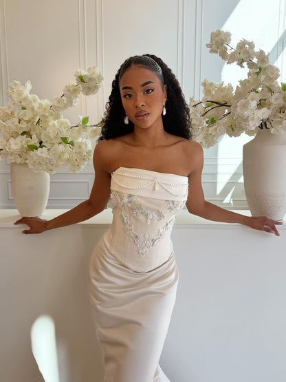 Strapless Pearl Beaded Corset Satin Gown