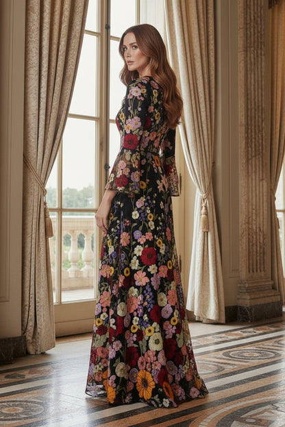 Floral Embroidered Bell Sleeve A-Line Gown