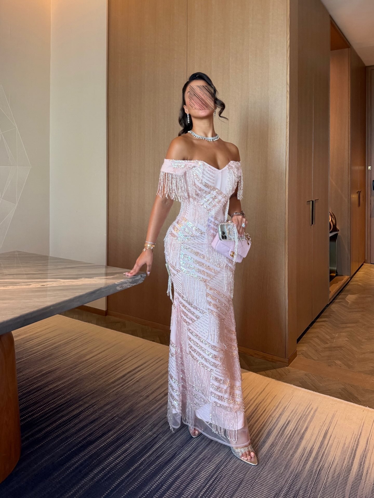Off-Shoulder Fringe Sequin Mermaid Evening Gown