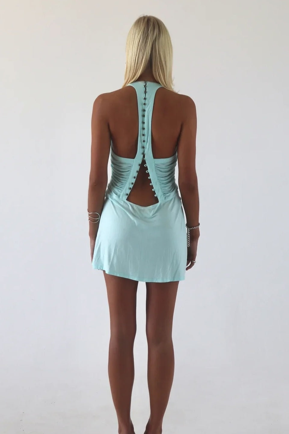 Plunging Halter Ruched Cutout Mini Dress
