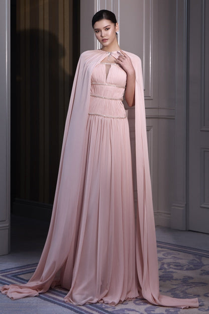 Pleated Cape Evening Gown