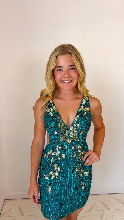 Deep V Sequin Mini Dress with Floral Embellishments