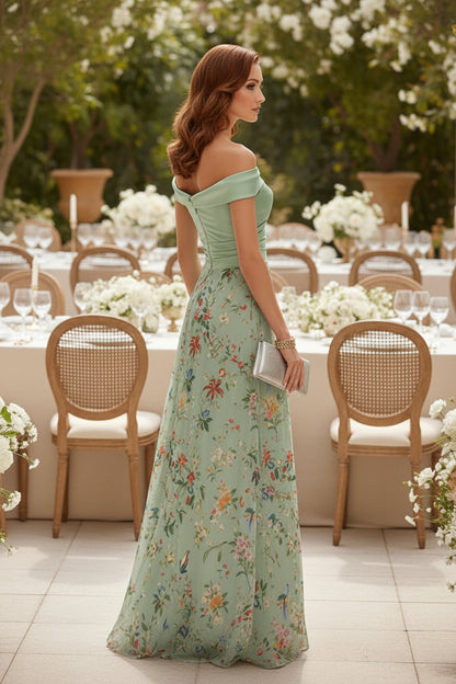 Off-Shoulder Floral Slit Evening Gown