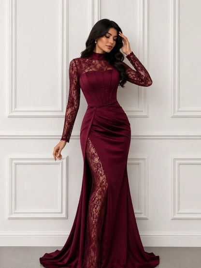High Neck Lace & Satin Gown with High Slit