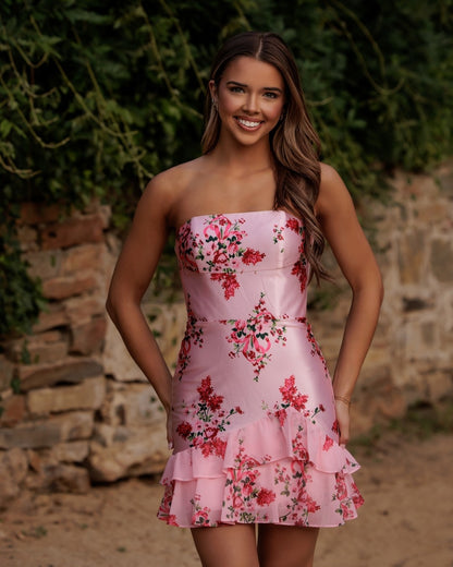 Strapless Floral Print Satin Mini Dress with Ruffles