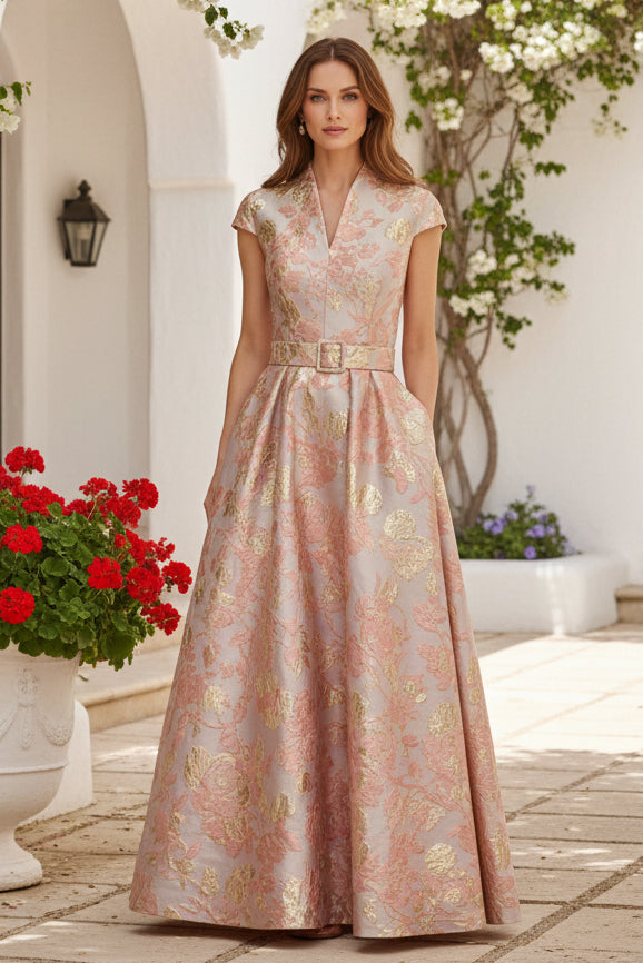 Metallic Floral Jacquard A-Line Evening Gown