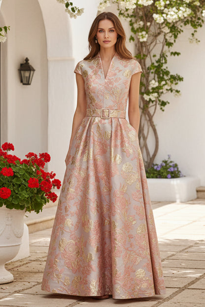 Metallic Floral Jacquard A-Line Evening Gown