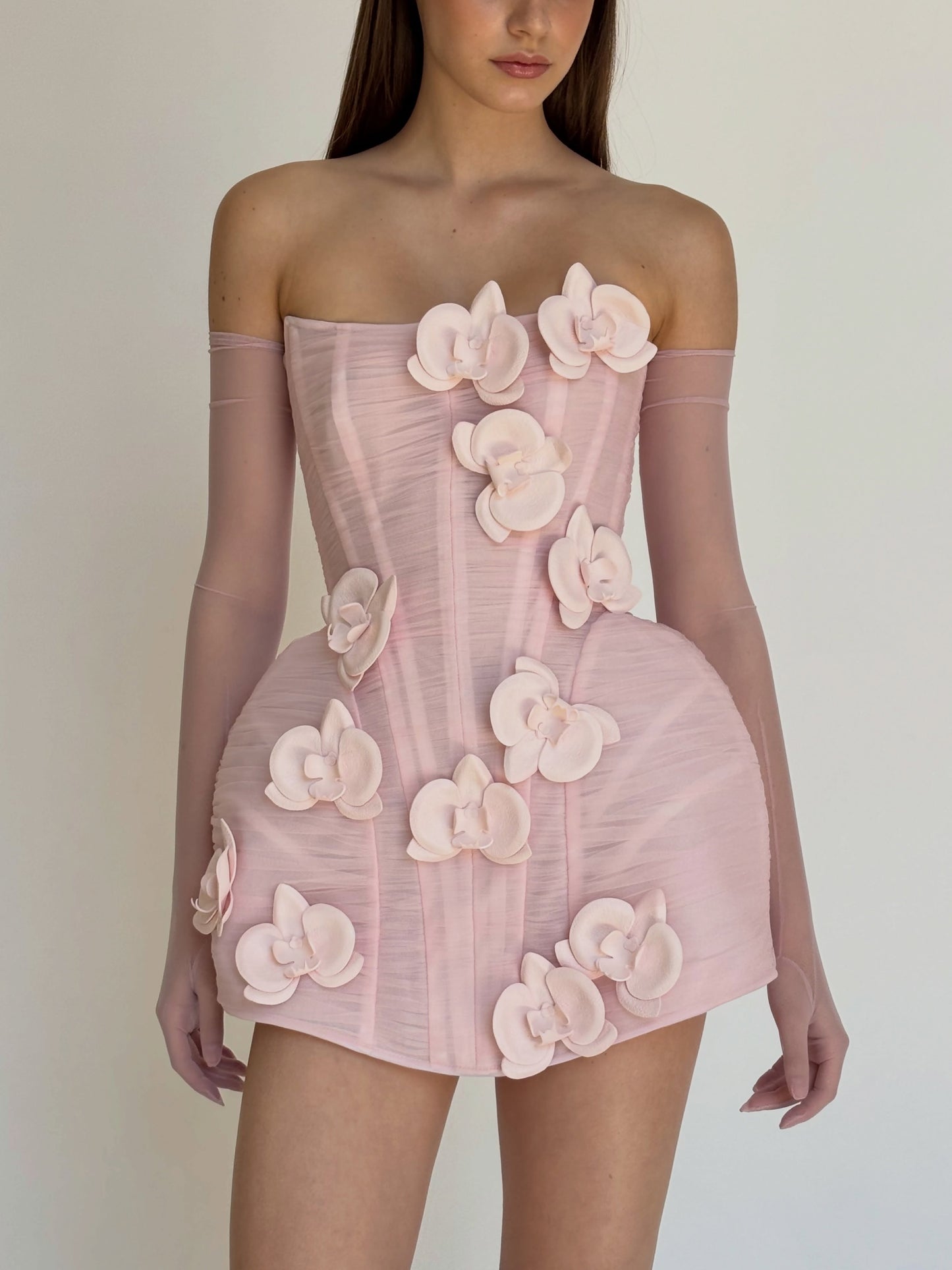 Corset Mini Dress with 3D Orchid Appliques