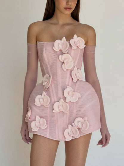 Corset Mini Dress with 3D Orchid Appliques