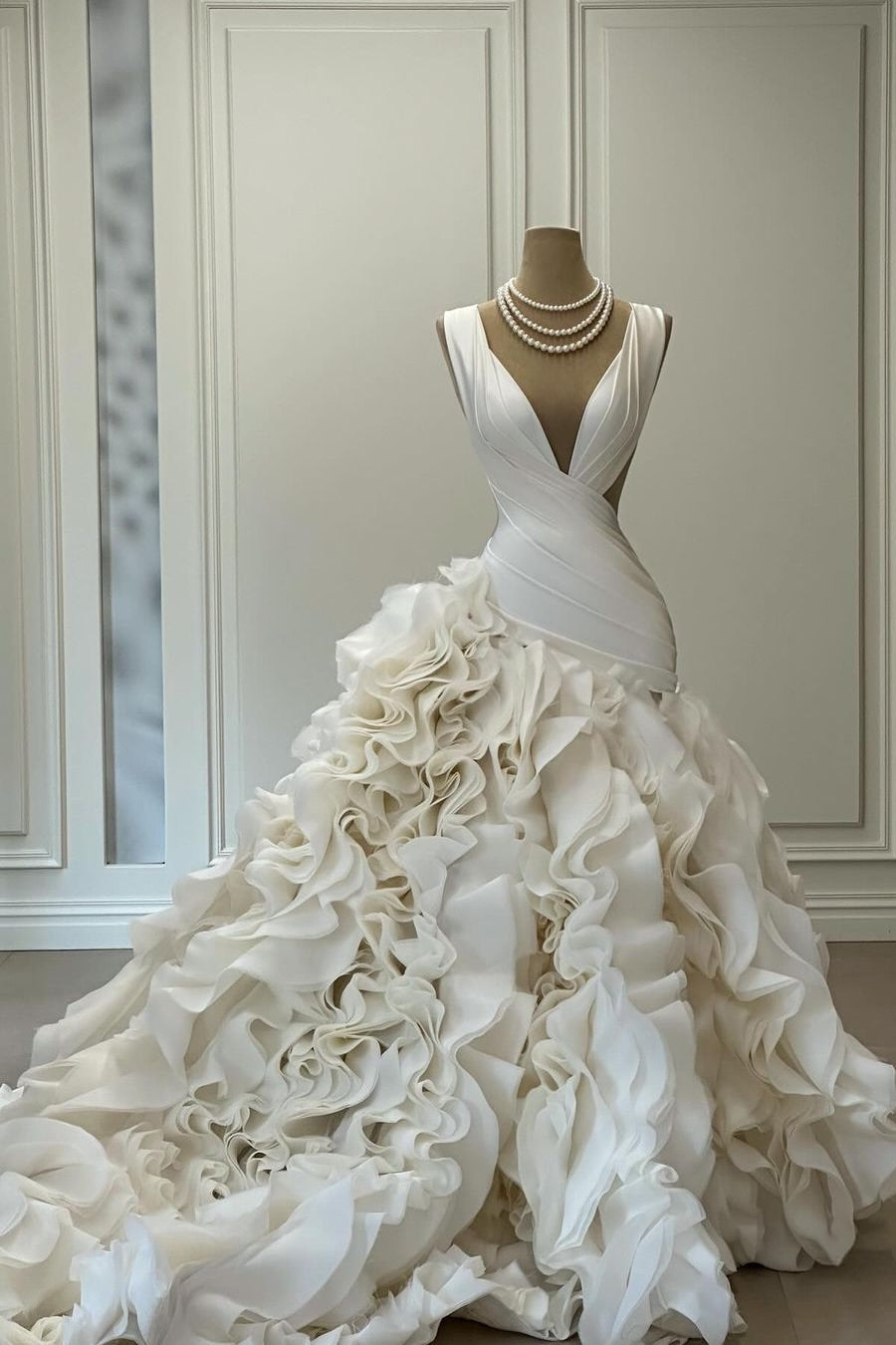 Deep V-Neck Pleated Bodice Ruffle Skirt Wedding Dress