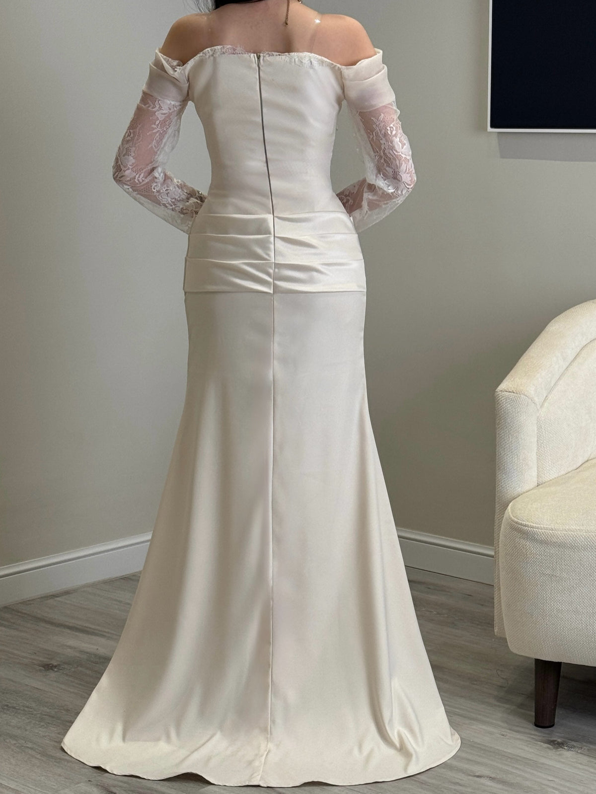 Corset Lace Sleeve Gown with Draped Cowl Neck