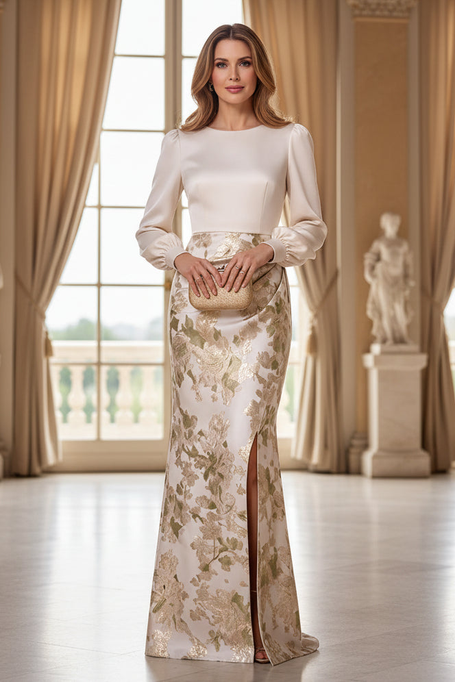 Long-Sleeve Satin Gown with Floral Jacquard Skirt & Slit