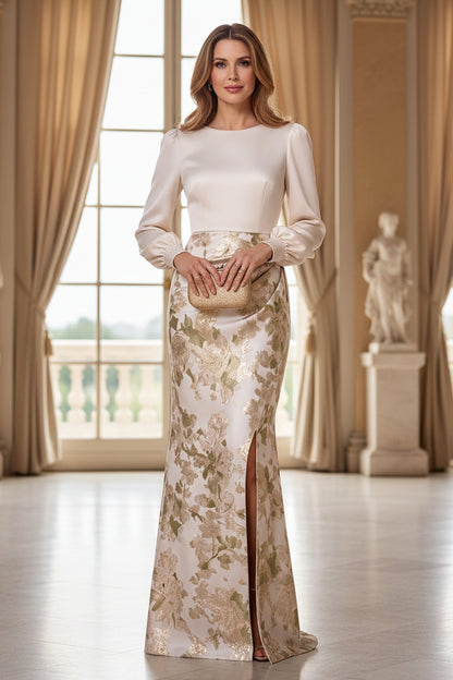 Long-Sleeve Satin Gown with Floral Jacquard Skirt & Slit