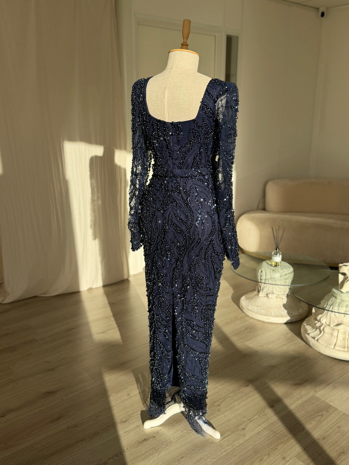 Sequin Swirl Long Sleeve Square Neck Maxi Dress