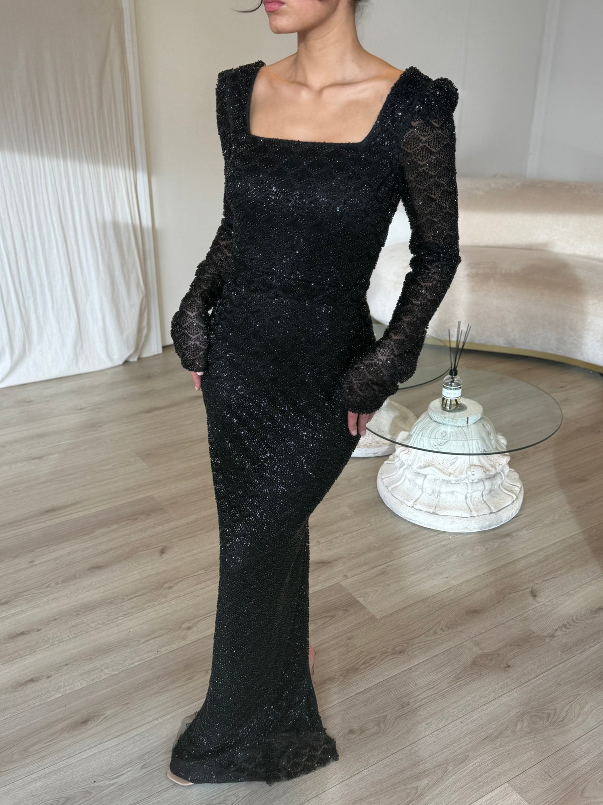 Square Neck Sequin Long Sleeve Column Gown