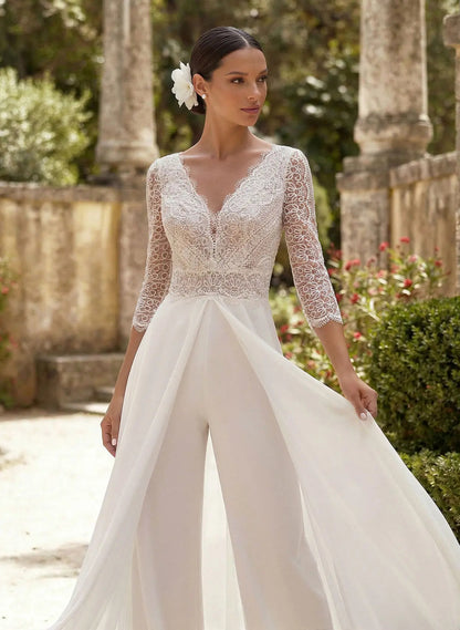 Lace V-Neck Bridal Jumpsuit with Overskirt