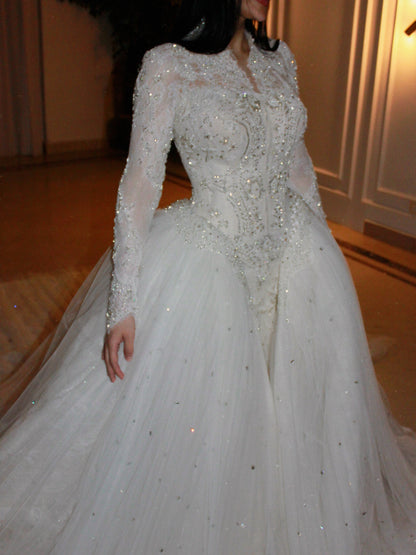 Beaded Lace Wedding Dress with Overskirt