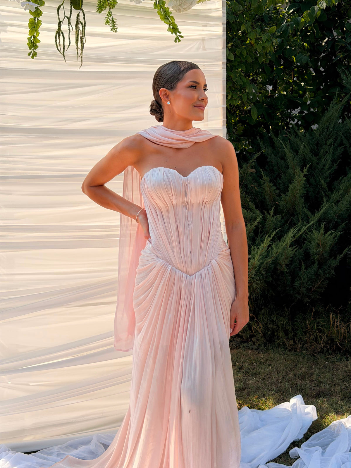 Strapless Corset Evening Dress with Scarf