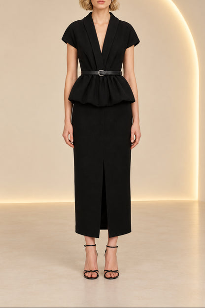 Peplum Column Midi Dress with Front Slit