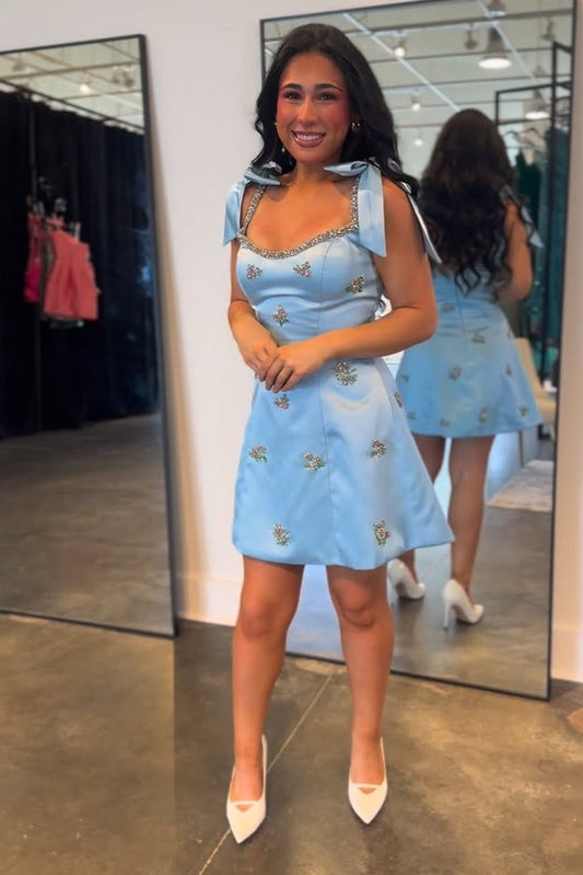 Beaded A-Line Satin Mini Dress with Shoulder Bows