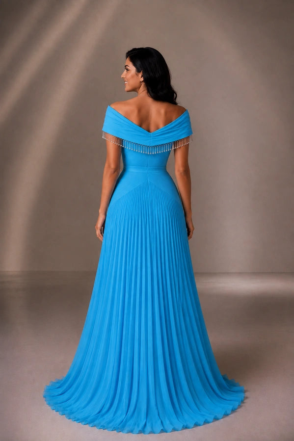 Off-the-Shoulder Pleated A-Line Evening Gown