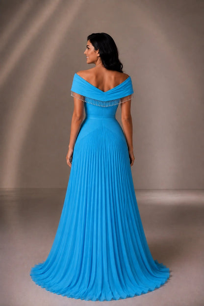 Off-the-Shoulder Pleated A-Line Evening Gown