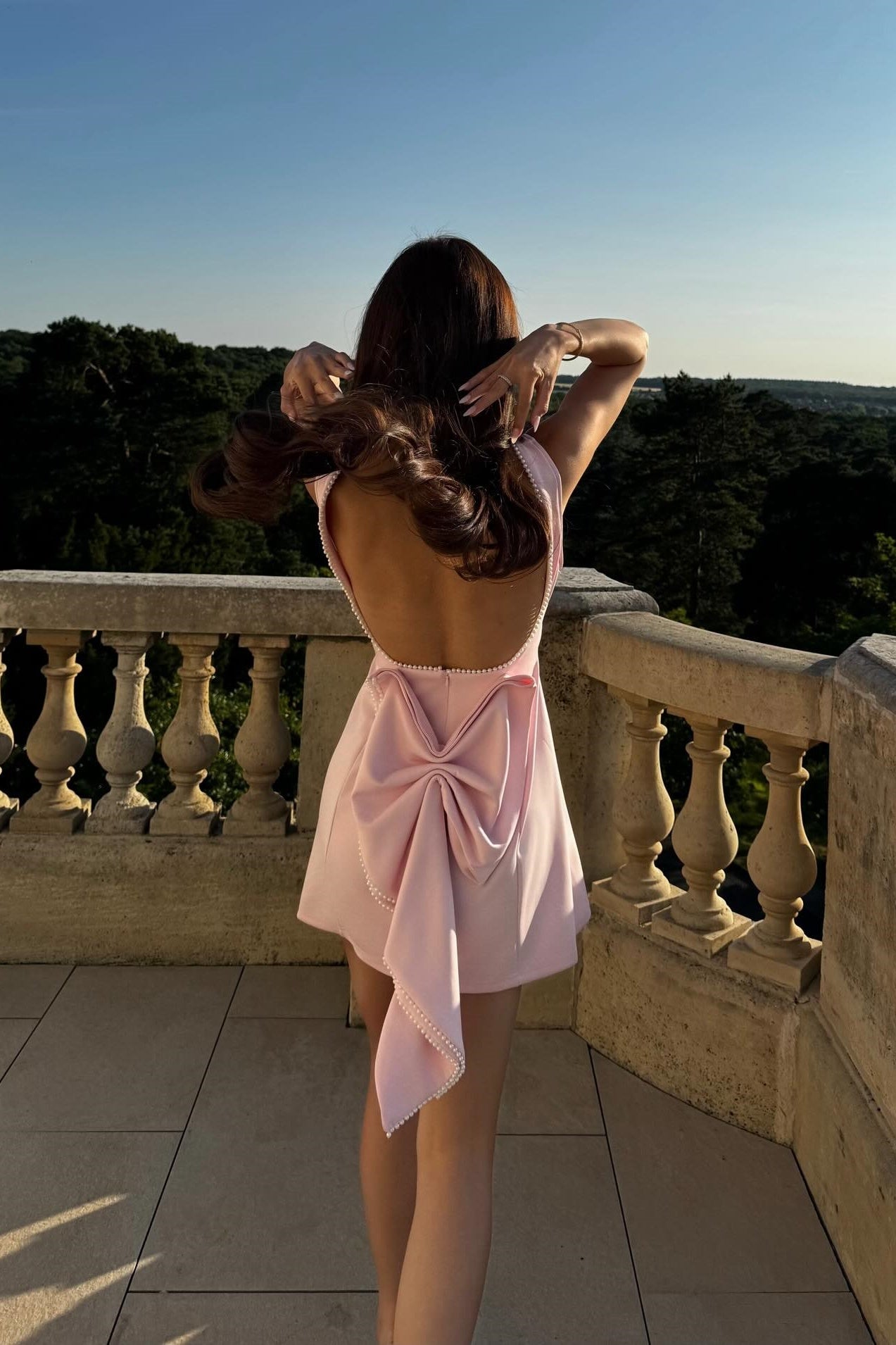 Backless Mini Dress with Pearl Trim and Bow