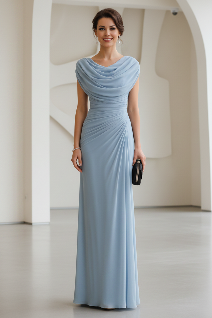 Cowl Neck Ruched Chiffon Floor-Length Evening Gown