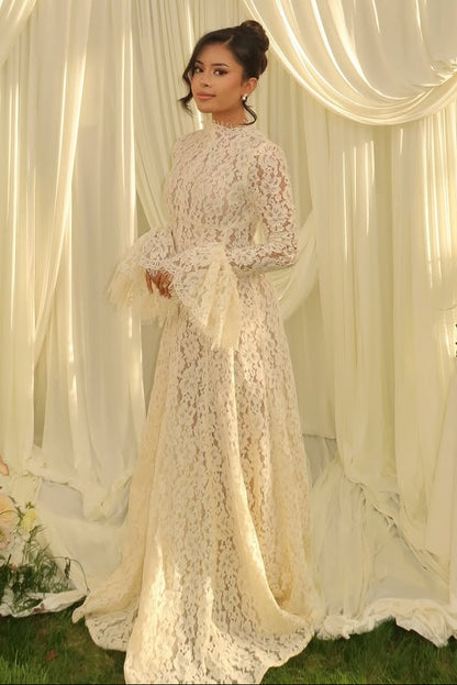 High Neck Long Sleeve Lace Wedding Dress