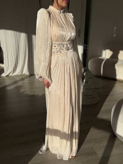 Pleated High-Neck Gown with Rhinestone Waist