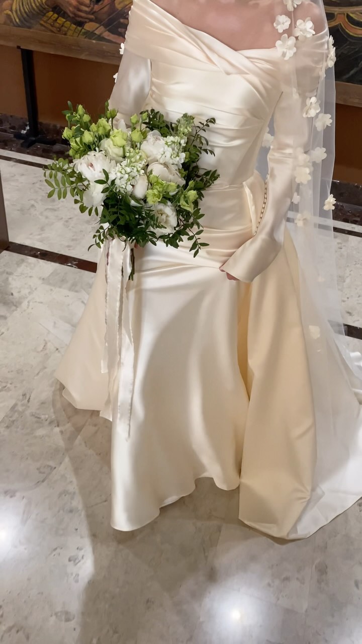 Off-the-Shoulder Long Sleeve Pleated Satin Bridal Gown
