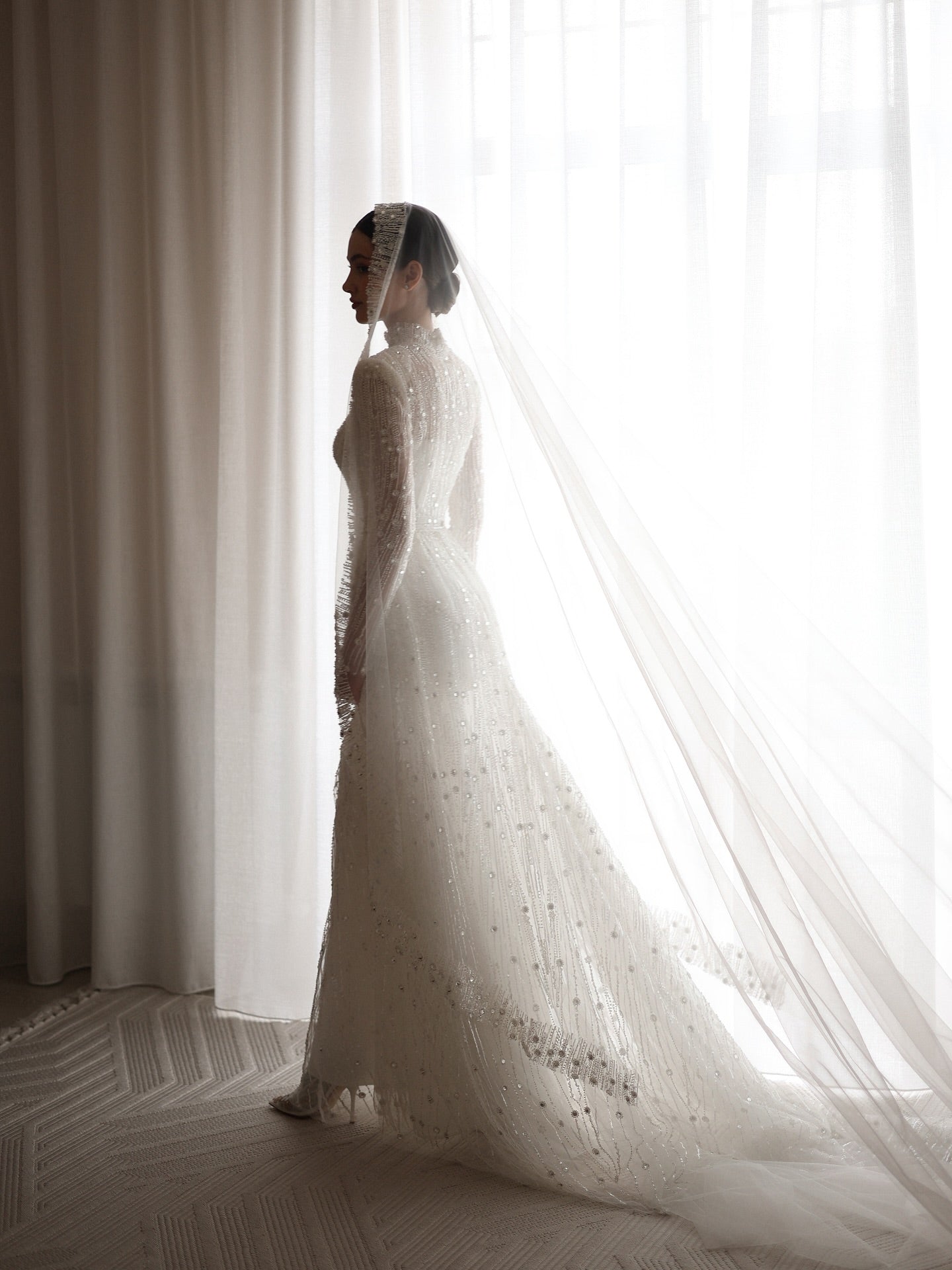 High Neck Beaded Long Sleeve Wedding Dress with Train
