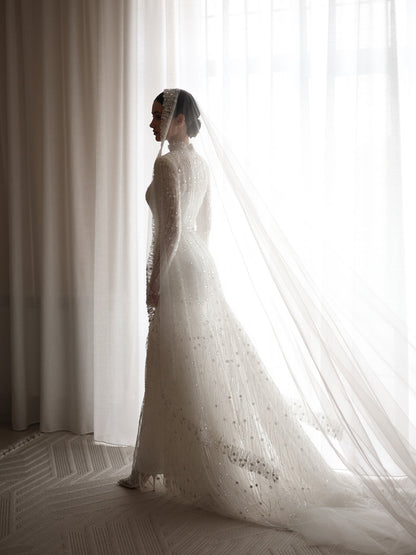 High Neck Beaded Long Sleeve Wedding Dress with Train