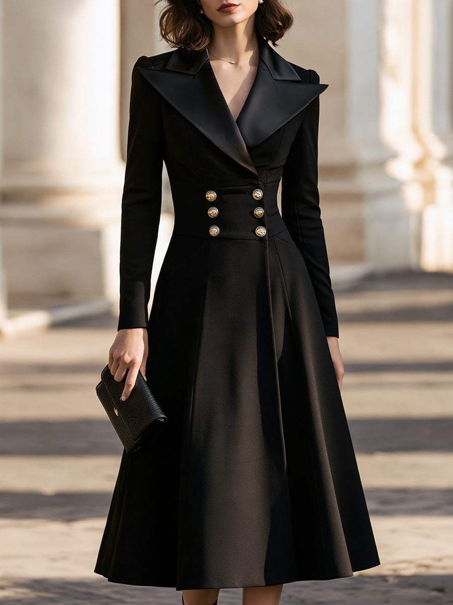 Double-Breasted Satin Lapel Midi Coat Dress