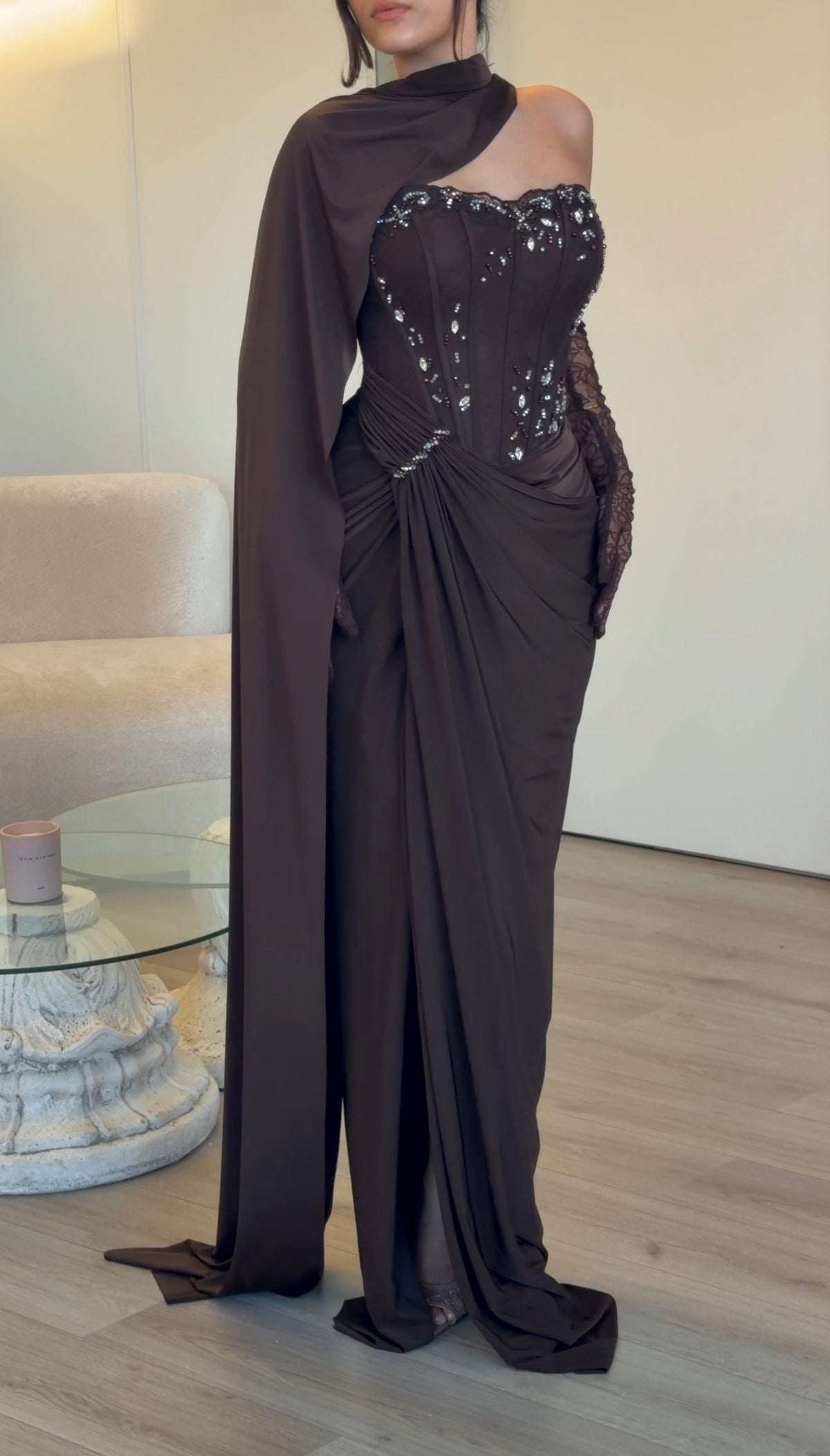 Corset Gown with Scarf Neckline and Gloves