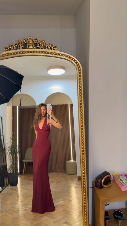 Halter Deep V-Neck Fitted Maxi Dress