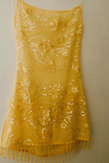 3D Floral Beaded Fringe Mini Dress