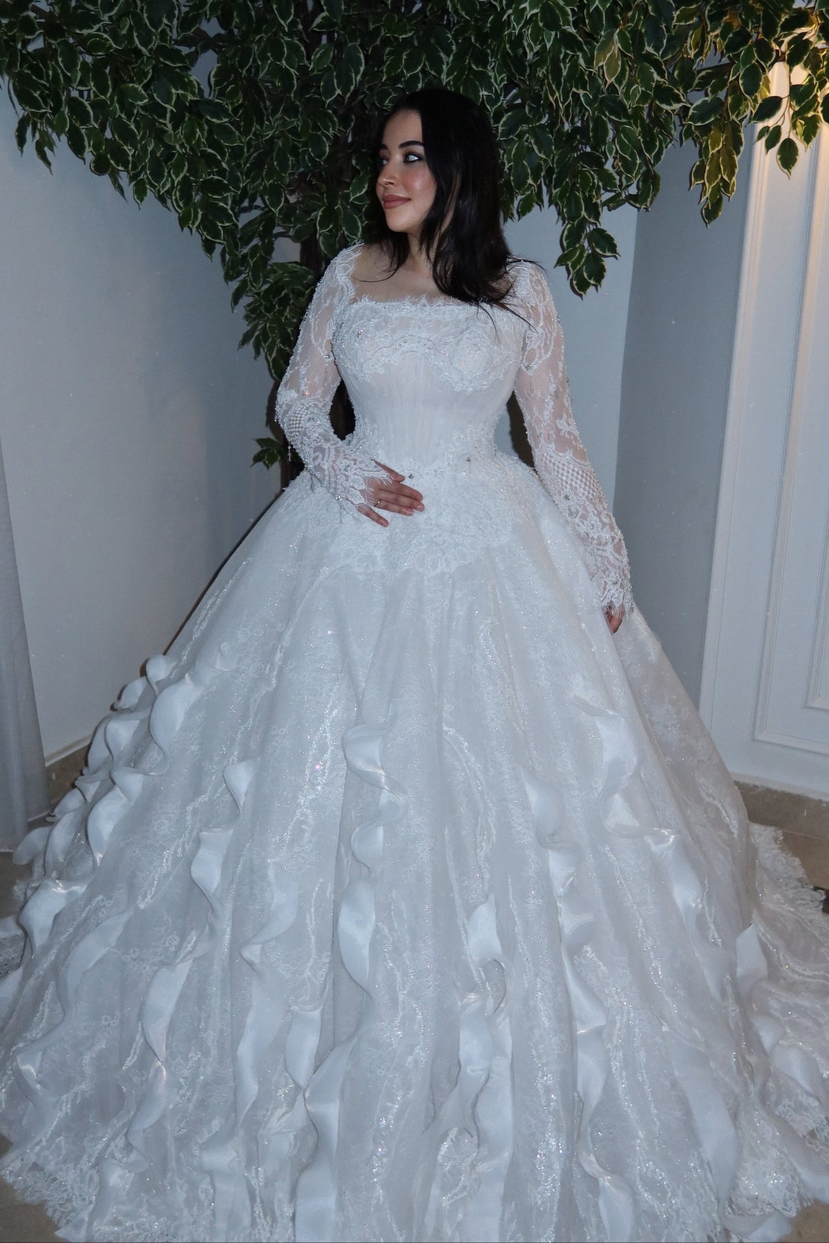 Glitter Ball Gown Wedding Dress with Cascading Ruffles