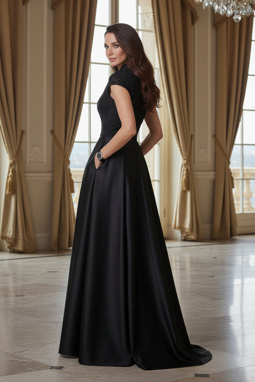 High-Neck Beaded Bodice Ball Gown with Pockets