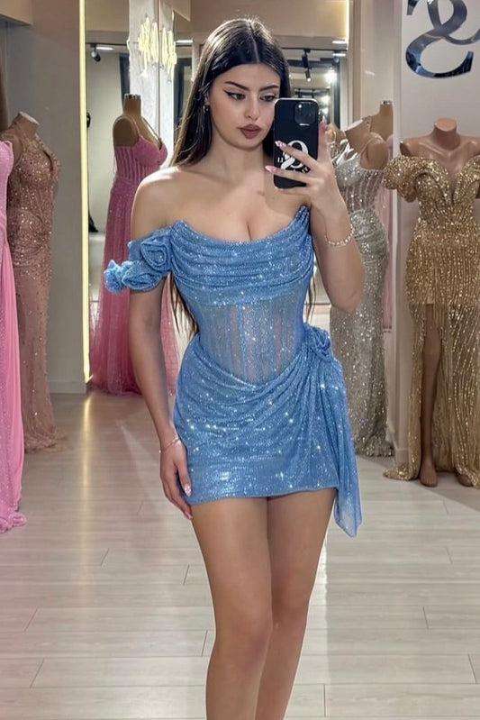 Off-The-Shoulder Corset Glitter Mini Dress