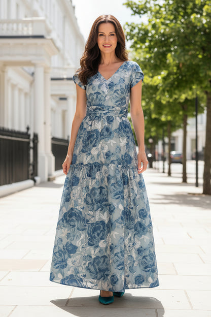 Floral Jacquard V-Neck Tiered Maxi Dress