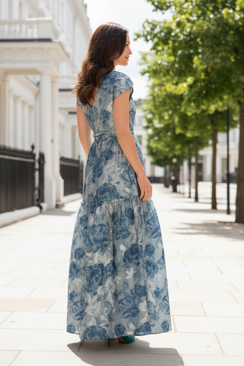 Floral Jacquard V-Neck Tiered Maxi Dress