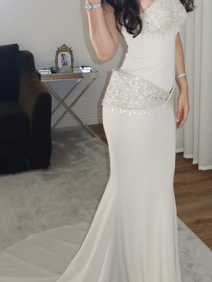 Beaded Halter Mermaid Evening Gown with Train