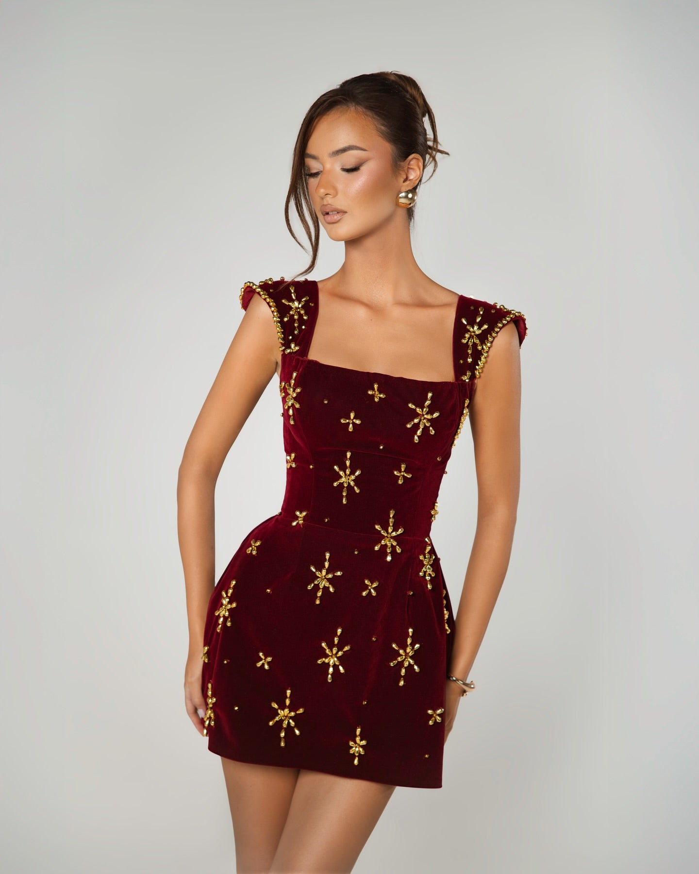 Velvet Mini Dress with Crystal Star Embellishments