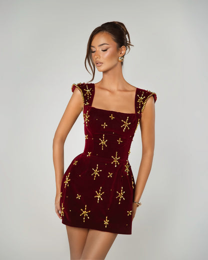 Velvet Mini Dress with Crystal Star Embellishments
