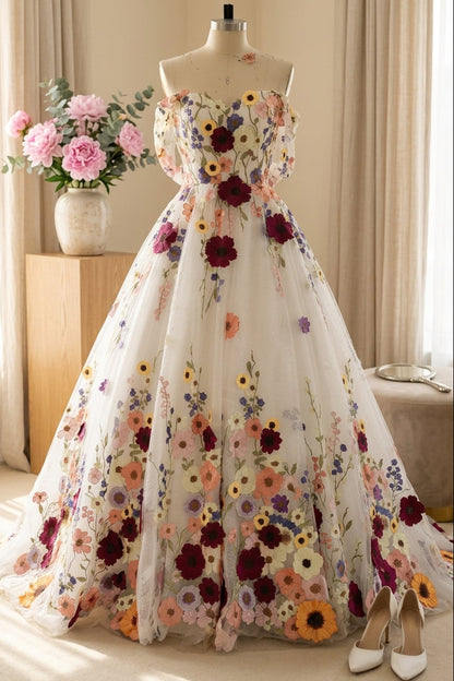 Off-the-Shoulder 3D Floral A-Line Wedding Dress